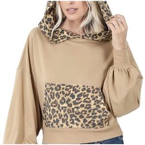 Zenana Outfitters Beige Leopard Hoodie, Size S